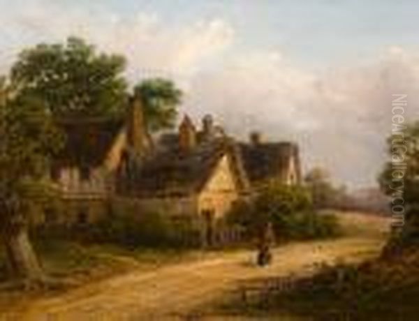 Lady In A Cloak On A Country Road Besidetimber Framed Cottages Oil Painting by Thomas Smythe