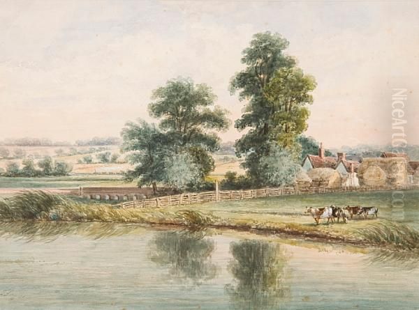 Cattle Before A Farmhouse With Steam Trainbeyond Oil Painting by Thomas Smythe