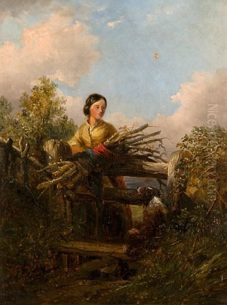 Girl Gathering Firewood Beside A Stile Oil Painting by Thomas Smythe