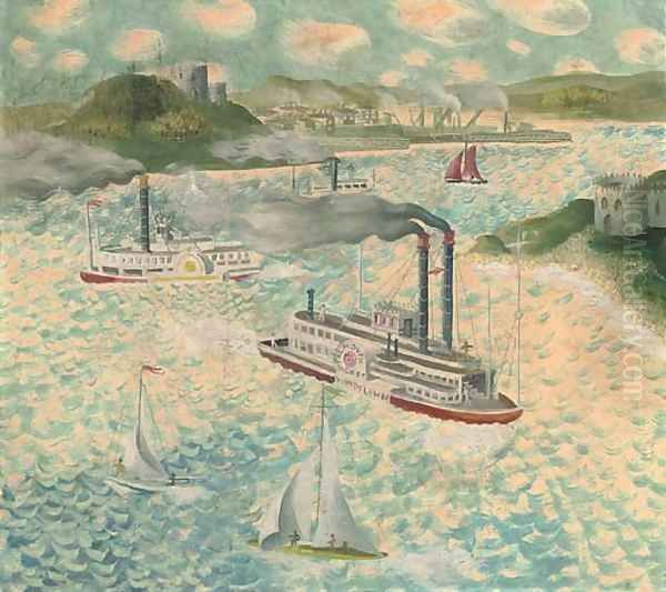 Windflower and two other steamers at the harbour mouth Oil Painting by English School