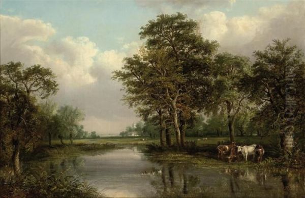 Cattle Grazing Beside A Lake Oil Painting by Thomas Smythe