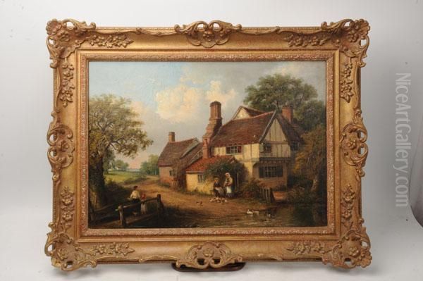 Figures Beside A Country Cottage With Ducks Inpond Oil Painting by Thomas Smythe