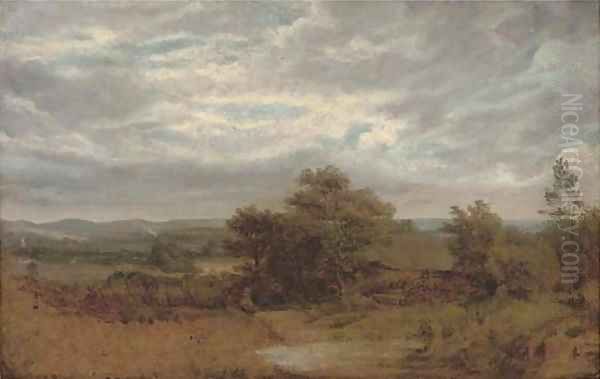 A barn in an extensive landscape Oil Painting by English School