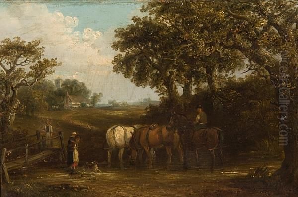 The Log Drag; Horses Watering Before A Village Oil Painting by Thomas Smythe