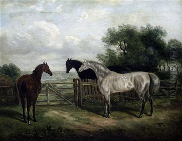 Three Horses Beside A Gate Oil Painting by Thomas Smythe