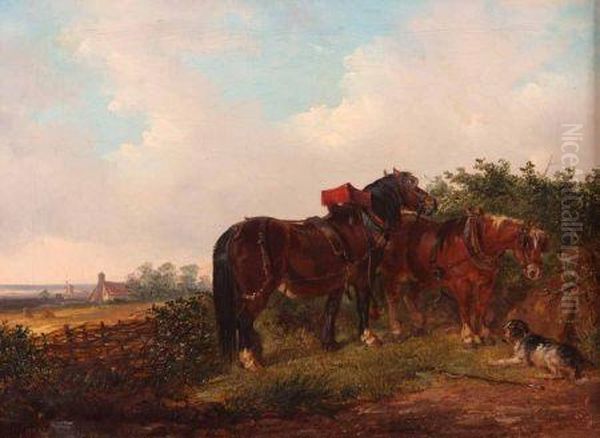 Two Workhorsesand Dog In A Suffolk Landscape Oil Painting by Thomas Smythe