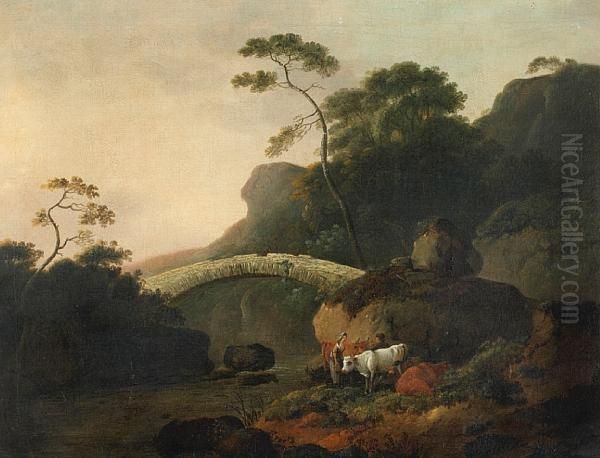 Figures And Cattle By A Stone Bridge Oil Painting by Thomas Smythe