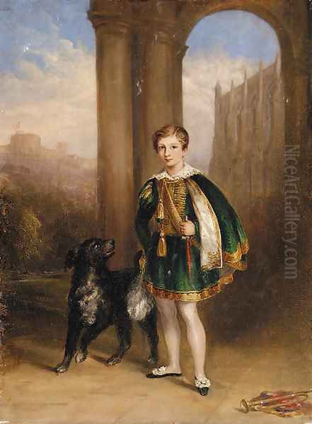 A boy in montem dress, with a dog at his side by Eton College chapel, with Windsor Castle beyond Oil Painting by English School