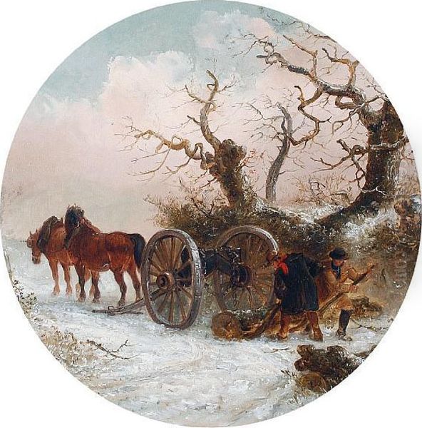 Woodsmen And Horses Moving A Tree Trunk In A Snowy Landscape Oil Painting by Thomas Smythe