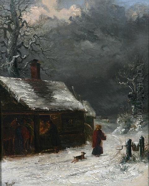 A Snow Laden Winter Scene With Stable To The Fore, A Lady And Dog On A Path Oil Painting by Thomas Smythe