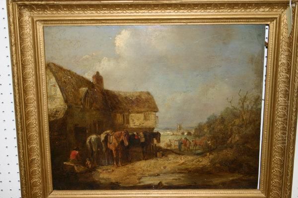 Thatched Building With Horses 
And Figures, A Windmill In The Background, A Figure Seated With Begging 
Dog In Foreground Oil Painting by Thomas Smythe