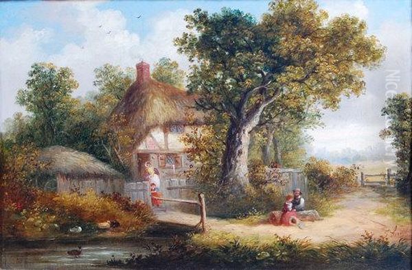 Before A Timbered Thatched Cottage Oil Painting by Thomas Smythe