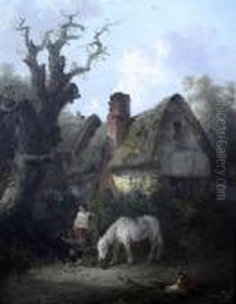 Children And Horse Beside A Cottage Oil Painting by Thomas Smythe