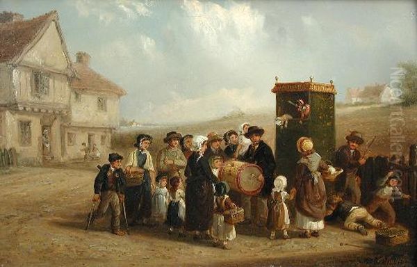 A Punch And Judy Show With Children Watching An Entertainer Playing A Drum Oil Painting by Thomas Smythe