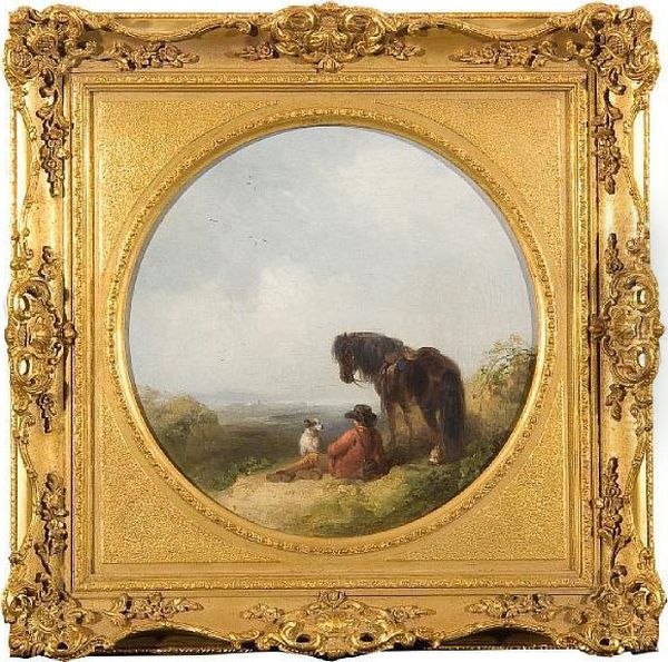 Boy With A Pony And Dog With An Extensivelandscape Beyond Oil Painting by Thomas Smythe