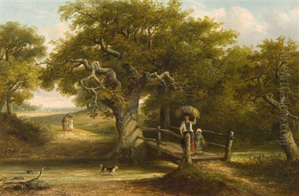 Mother And Child Crossing The Footbridge Oil Painting by Thomas Smythe