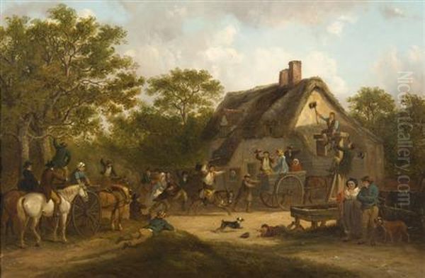 The Donkey Derby Outside The Bear Inn Oil Painting by Thomas Smythe