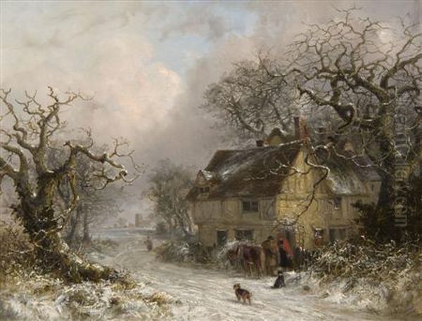 Figures And Animals Before A Farmhouse In A Snow Covered Landscape Oil Painting by Thomas Smythe