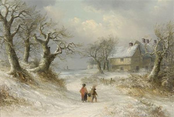 Faggot Gatherers In A Snow Covered Landscape Oil Painting by Thomas Smythe