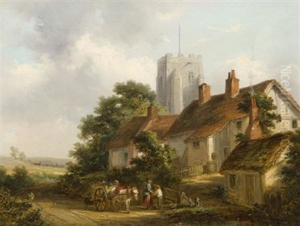 Figures With Donkey Cart Before Cottages And Church Oil Painting by Thomas Smythe