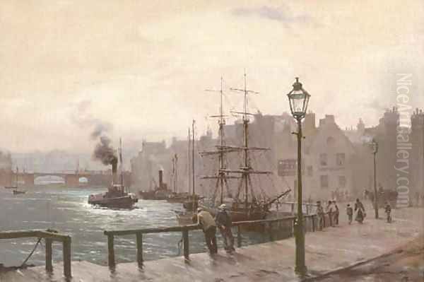 A busy harbour, figures on the quay in the foreground Oil Painting by English School