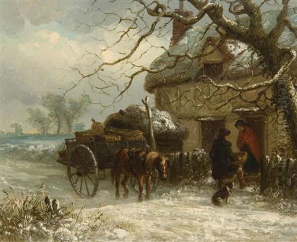 Figures With Horse And Cart Before A Snow Covered Cottage Oil Painting by Thomas Smythe