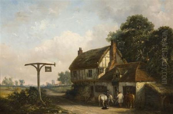 Figures And Horses Outside The Swan Inn Oil Painting by Thomas Smythe