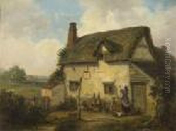 A Woman Hanging Washing Before A Country Cottage Oil Painting by Thomas Smythe