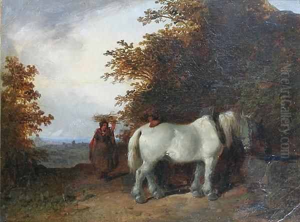 Horse And Figures On A Wooded Track Oil Painting by Thomas Smythe