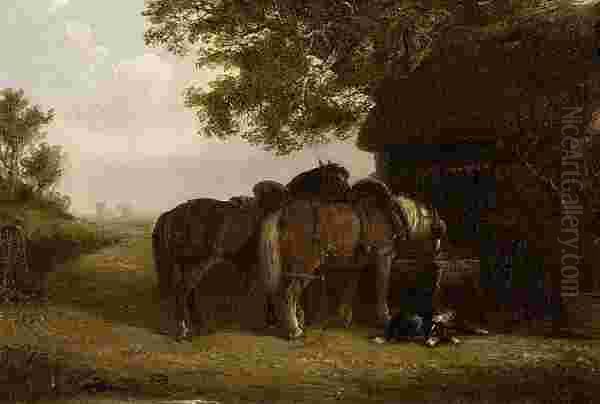 Carthorses Drinking At A Trough Oil Painting by Thomas Smythe