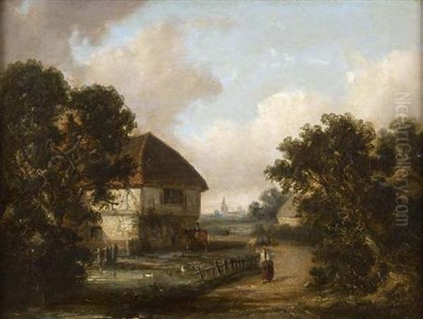 A Wooded River Landscape With Figures And Cottages Oil Painting by Thomas Smythe