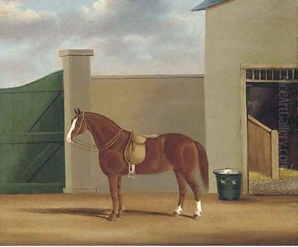 A chestnut hunter in a stable yard Oil Painting by English School