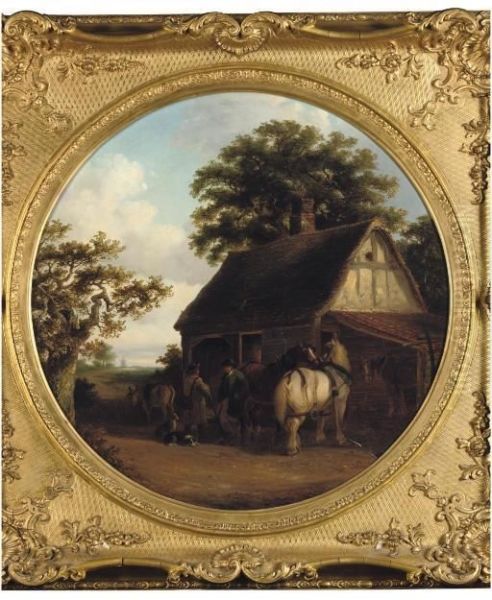 Farm Horses At An Inn Door Oil Painting by Thomas Smythe