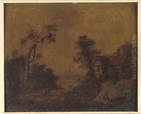 A Wooded Landscape With Figures On A Country Path By A Cottage Oil Painting by Thomas Smythe