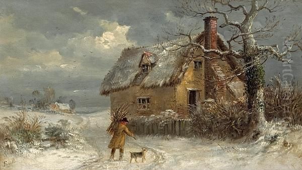 A Winter Scene With A Figure 
Carrying Firewood To A Cottage; Also A Companion Winter Landscape (a 
Pair) Oil Painting by Thomas Smythe