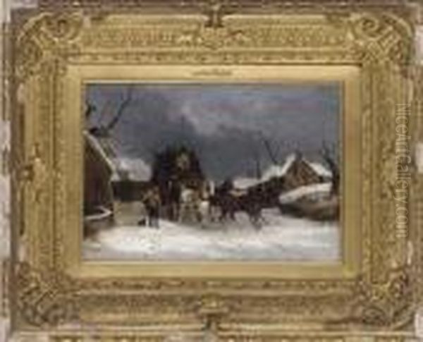 A Stagecoach In The Snow Oil Painting by Thomas Smythe