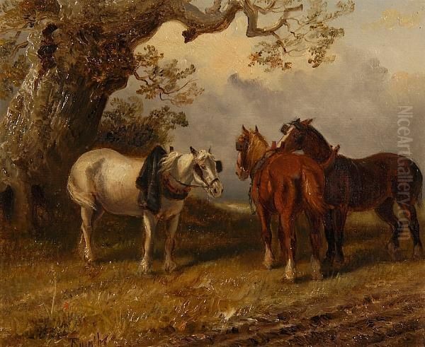 Plough Horses Resting Beneath An Old Oak Oil Painting by Thomas Smythe