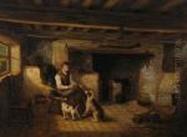 Boy With Dogs And A Cat Beside The Hearth Oil Painting by Thomas Smythe