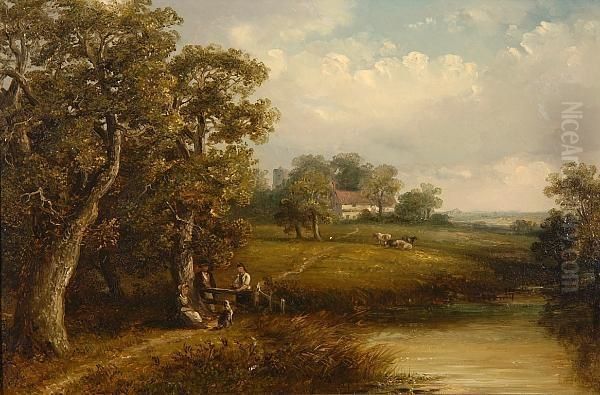 Figures Beneath An Oak Tree With Church And Farm Beyond Oil Painting by Thomas Smythe