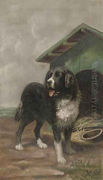 A collie in front of his kennel Oil Painting by English School