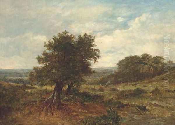 A distant figure in an extensive landscape with a tree in the foreground Oil Painting by English School