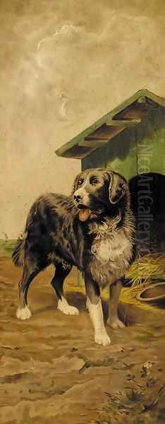 A dog by a kennel Oil Painting by English School