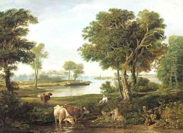 A drover with cattle in a river landscape Oil Painting by English School