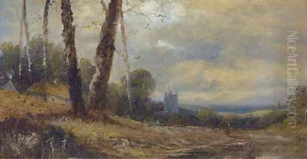 A figure on a track before a church; and Another similar Oil Painting by English School