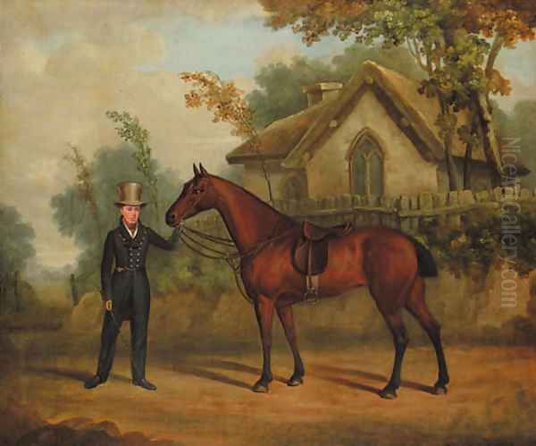 A gentleman holding a saddled bay hunter on a track, by a cottage Oil Painting by English School