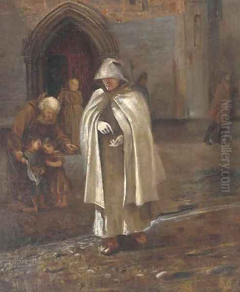 A hooded figure outside a monastary Oil Painting by English School