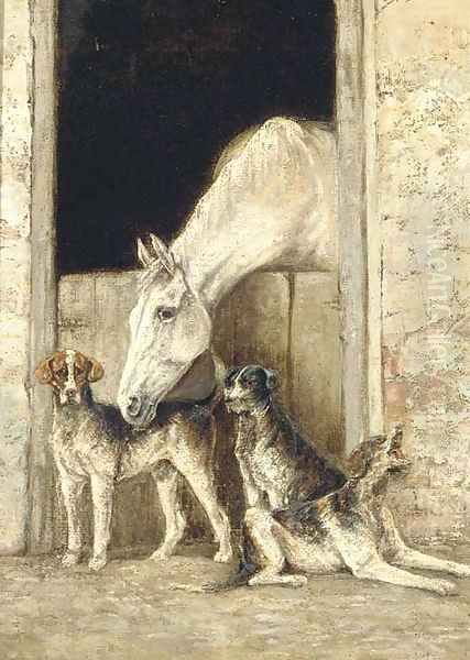 A horse in a stable with dogs beside Oil Painting by English School