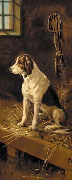 A hound seated in a kennel by English School