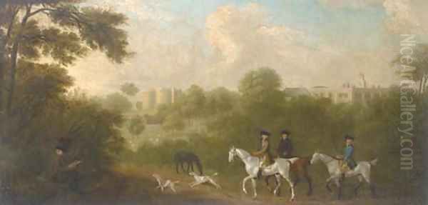 A hunting party before a country house and ruined castle, with an artist sketching in the foreground Oil Painting by English School