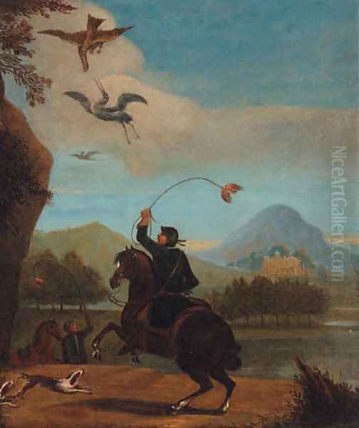 A Hunting Party in an extensive Landscape Oil Painting by English School